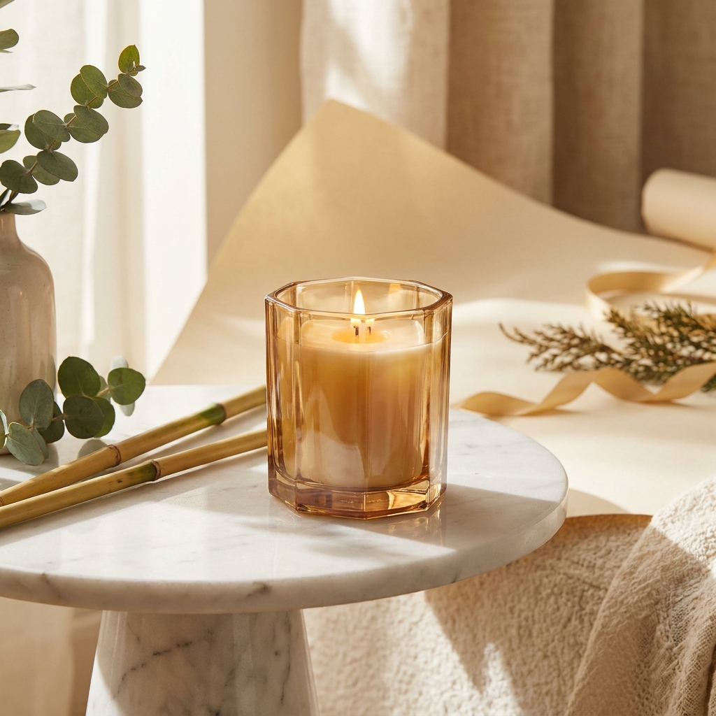 NEST New York Bamboo Kerze in einem facettierten Glasgefäß auf einem Beistelltisch