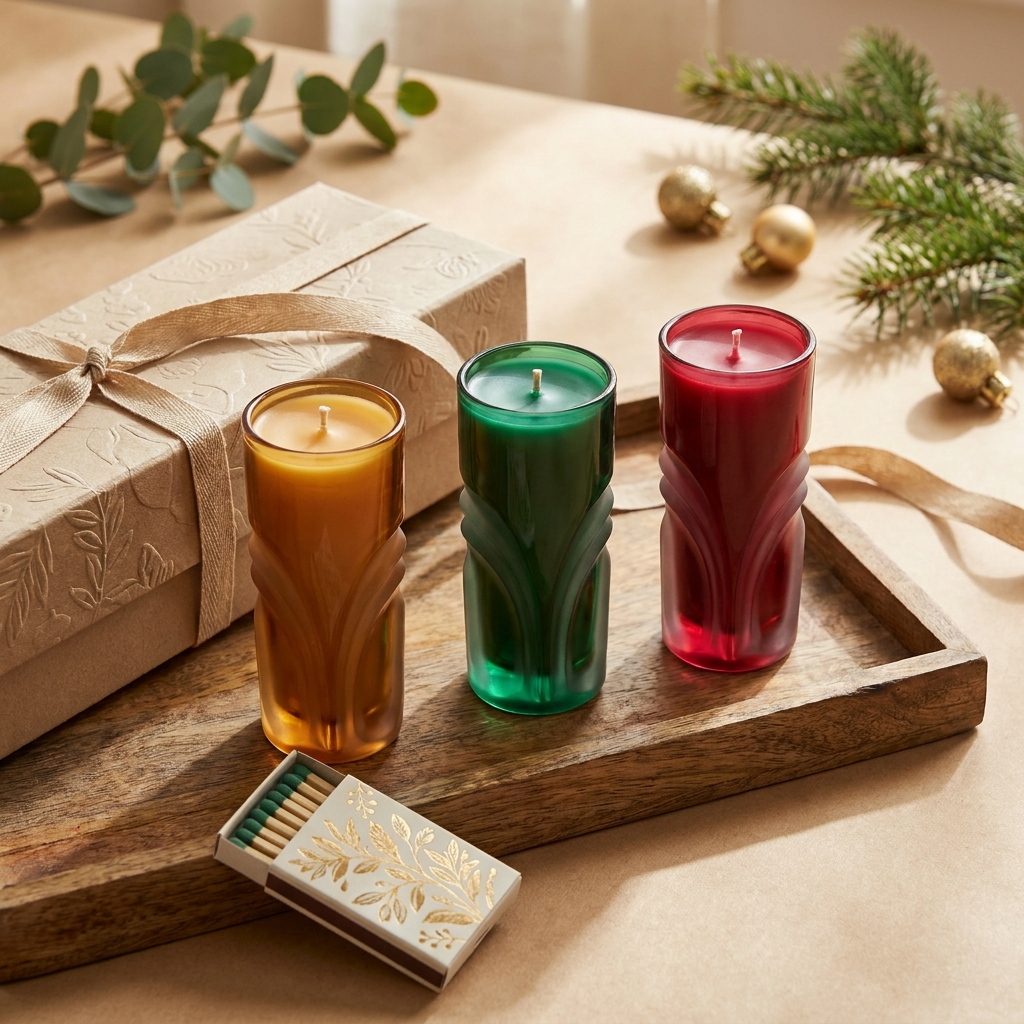 Otherland Kerzen-Trio als Geschenkset mit beiliegendem Streichholzbriefchen auf einem Tisch
