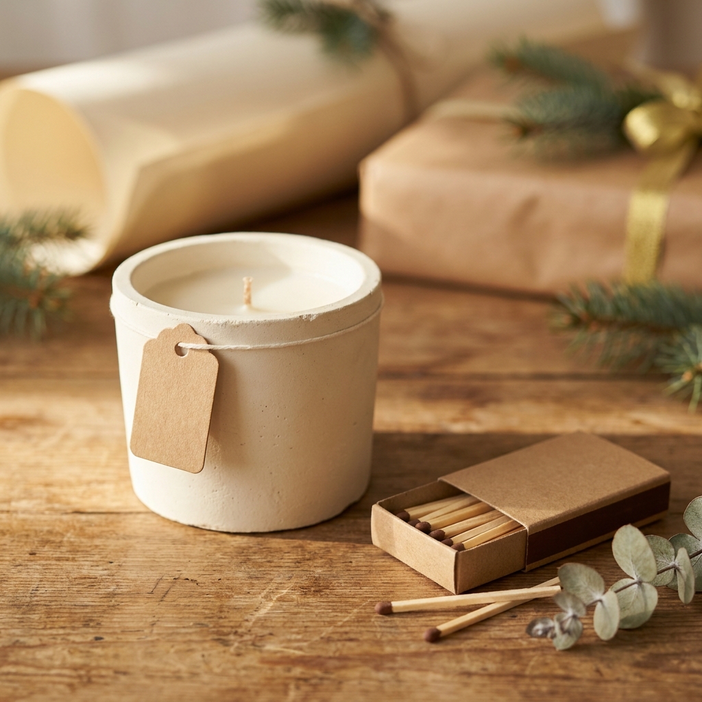 Paddywax Hygge Kerze in einem Betongefäß neben einer Streichholzschachtel