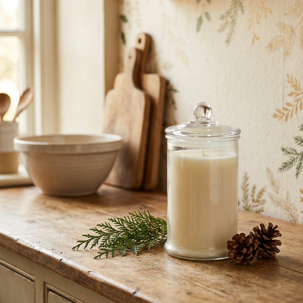 Klassisches Yankee Candle Glas mit Balsam- und Zedernduft auf einer Küchenarbeitsplatte